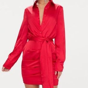 Red Ruched Front Shirt Dress - US 6